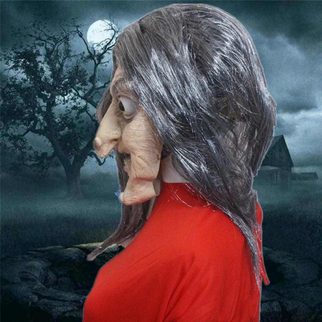 Halloween Long Hair Ghost Face Mask Horror Witch Mask Scary Latex Head With Hat Dance Performance Props