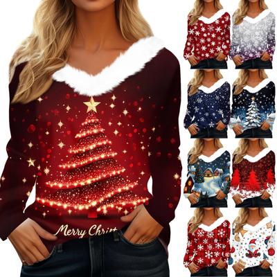 Женская футболка с рождественским принтом, вечерние рубашки с длинным рукавом, рождественский флисовый воротник, топ с v-образным вырезом