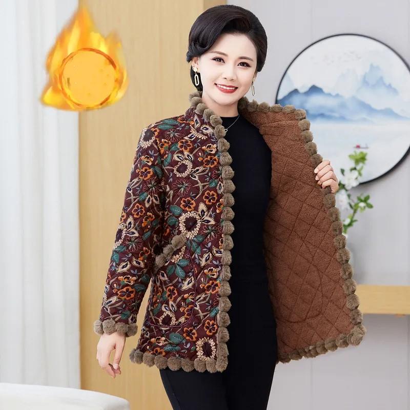 Women's Winter Stand Collar Single-breasted Thickened Jacket Middle-aged Warm Parkas