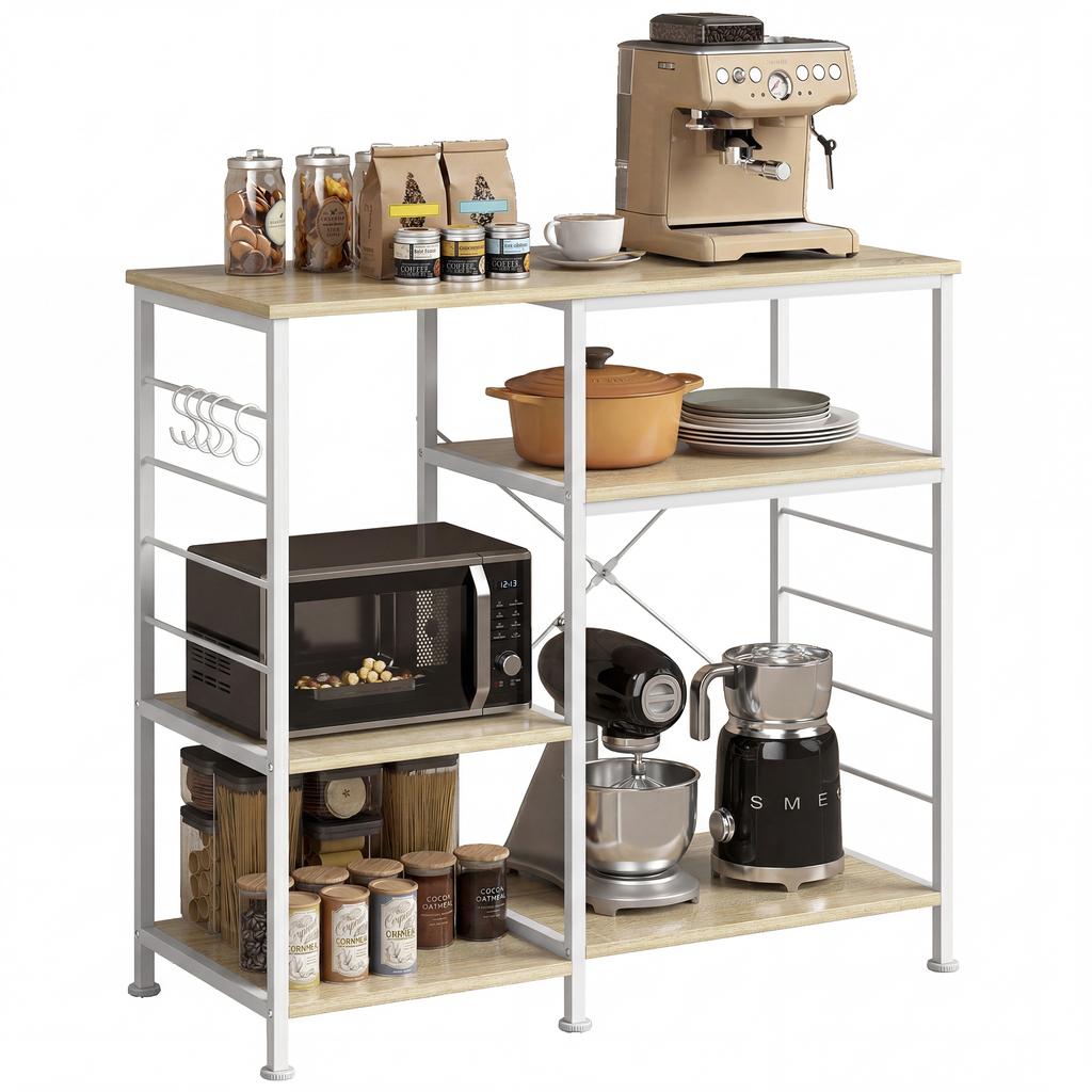 Kitchen Shelf with Wood and Metal Shelves with 5 Hooks, Space-Saving, 90x39x83.5 cm, Oak