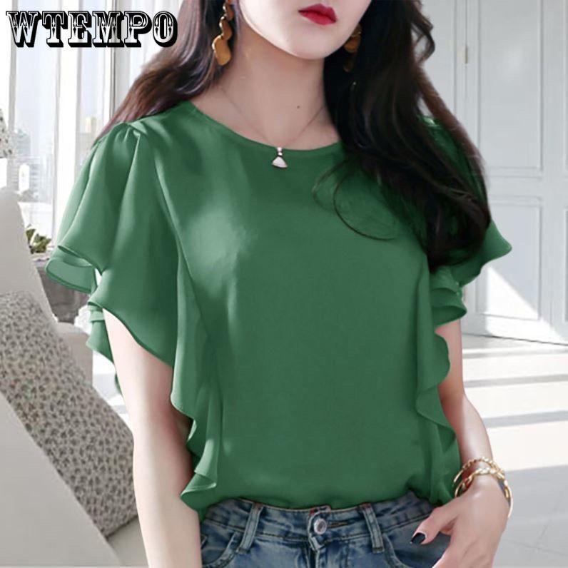 Рубашка из шифона с оборками для женщин, летняя свободная футболка большого размера с короткими рукавами, однотонный топ для женщин