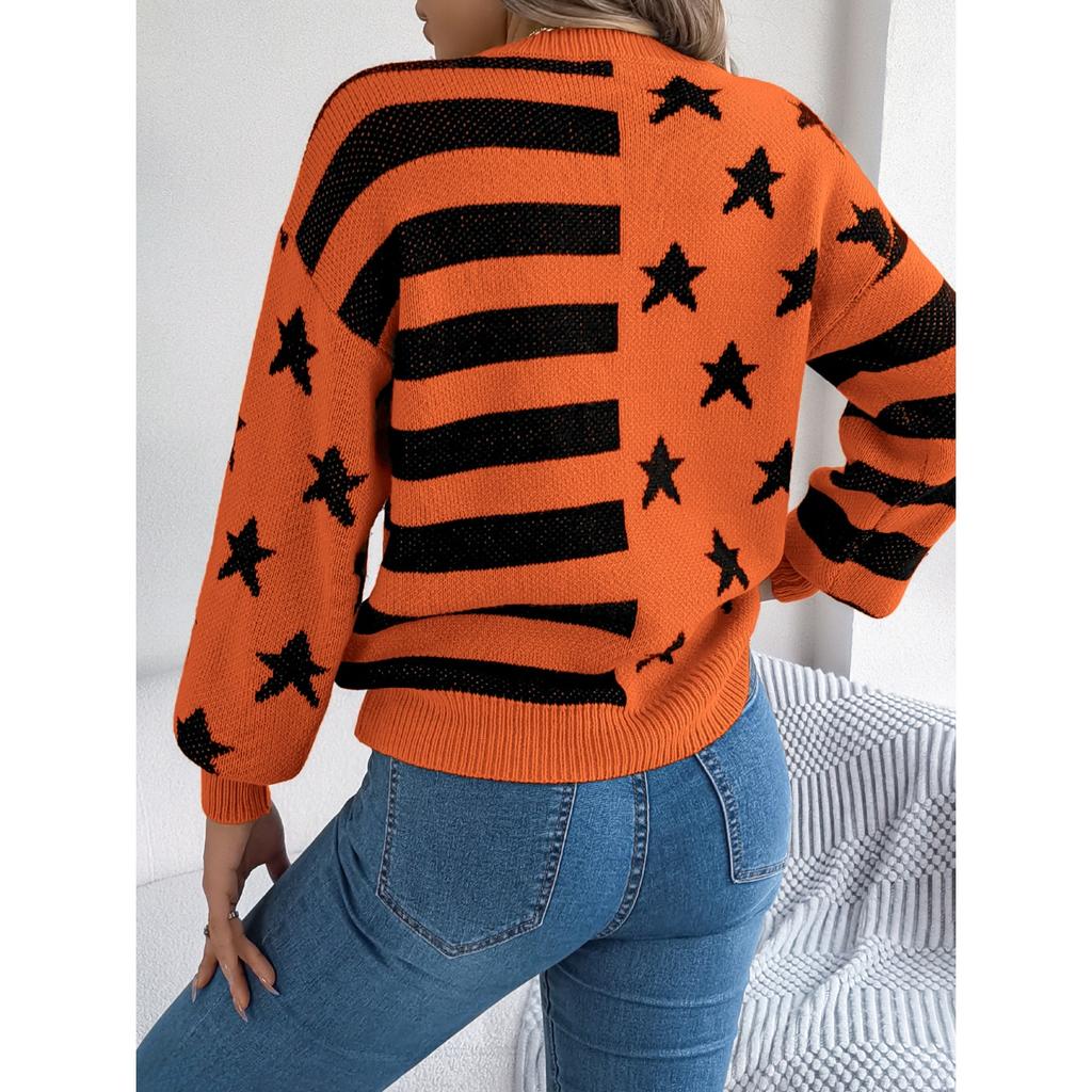 HNXC Повседневный свитер-пуловер с длинными рукавами-фонариками в осенне-зимнюю полоску со звездами, женская одежда