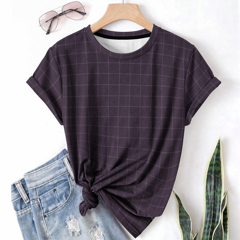 Striped Casual Sports Women's T-shirt Summer Round Neck Short Sleeved Element Pattern Checkered Loose Fit T-shirts