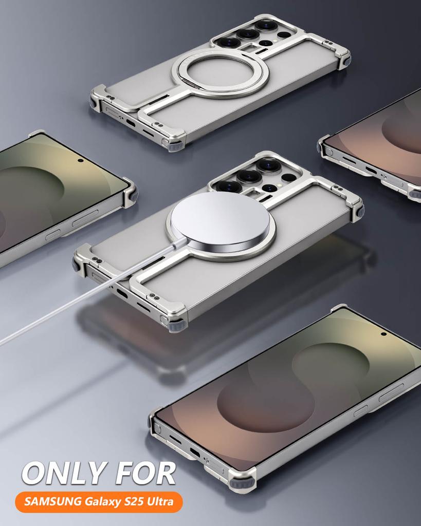 Oatsbasf Frameless Phone Case for Samsung Galaxy S25 Ultra with Ring Stand 360° Rotatable Magnetic Phone Cover Shockproof Bumper