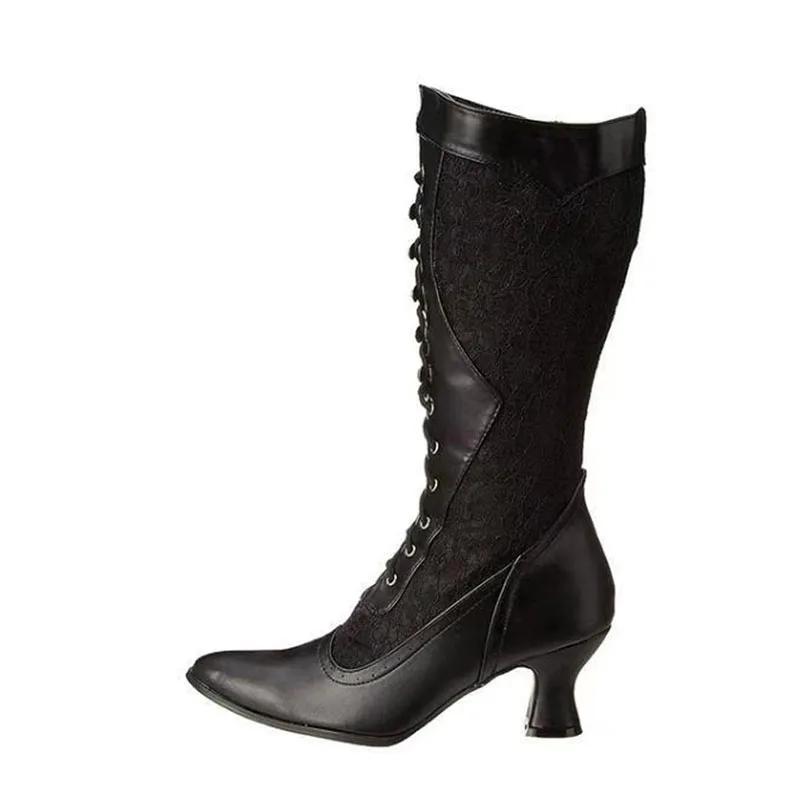 Ретро Женские Сапоги Осень Зима Сексуальная Обувь Женщина На шнуровке Острый Носок Низкий Каблук Сапоги до середины икры для Женщин Заказ 34-43