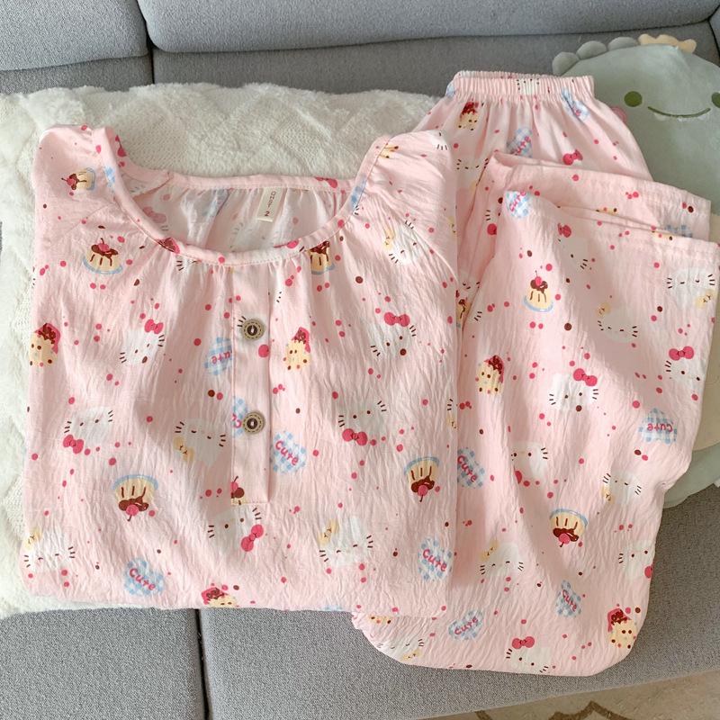 Женский набор пижамы с мультяшным принтом из облачного хлопка – с длинным рукавом, круглым вырезом, больших размеров, для ношения на улице