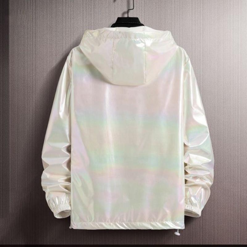 Блестящая куртка унисекс, пальто с лазерным капюшоном, переливающийся голографический топ Harajuku с защитой от солнца, большие размеры