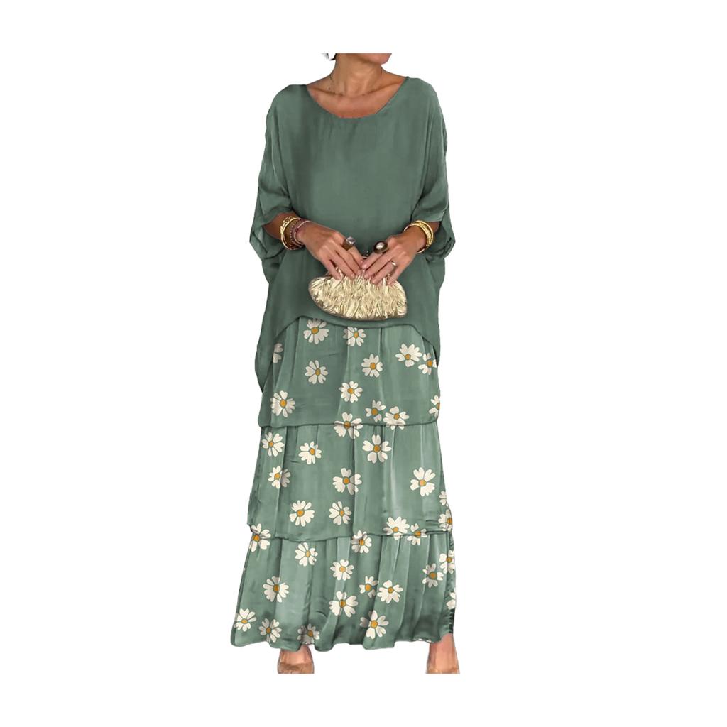 Вечернее платье с многослойным подолом в виде торта, контрастным цветным принтом, короткими рукавами, макси-платьем, рукавами «летучая мышь», мешковатым круглым вырезом, шифоновым платьем для выпускного вечера