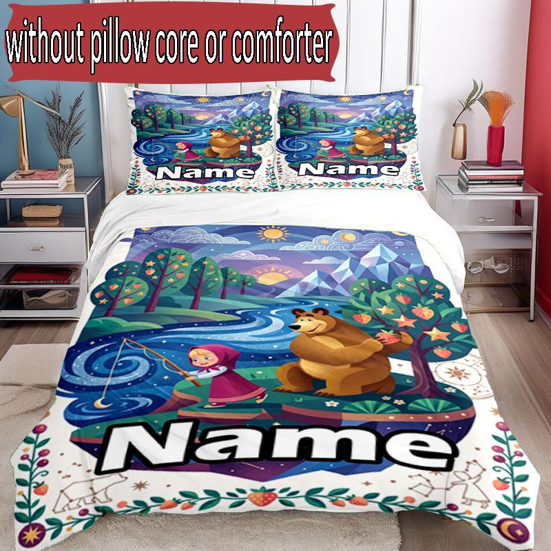 3pcs Duvet Cover Set (1*Duvet Cover + 2*Pillowcase, Without Core), Custom Name Masha and the Bear Pattern Bedding Set, Home Bedroom Decor Gift