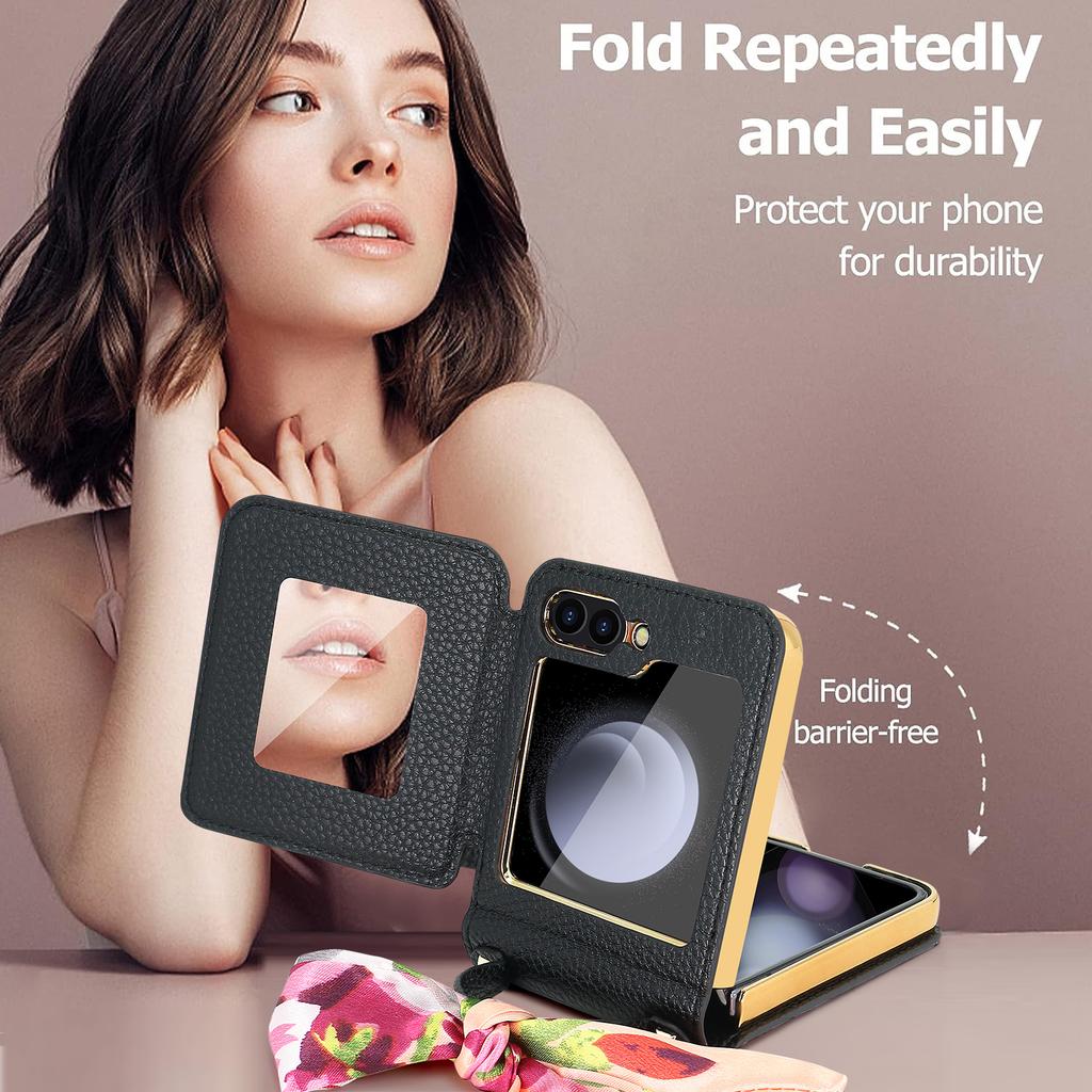 VIETAO Mirror Mobile Phone Case For Samsung Galaxy Z Flip 7, Leather Mobile Cover With Ribbon For Samsung Z Flip 6, Z Flip 5 4 3
