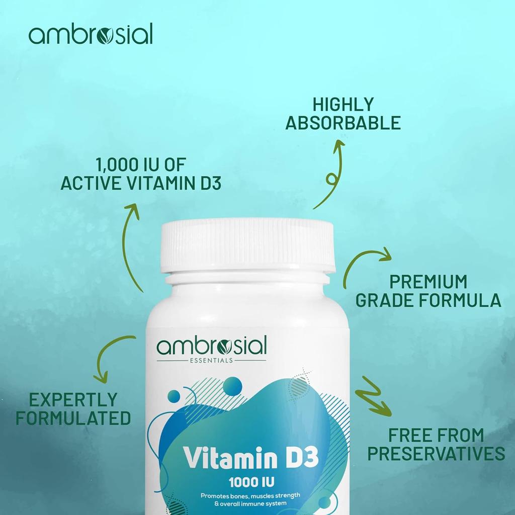 Витамин D3 Ambrosial 1000 МЕ (25 мкг) |Таблетки с витамином D для здоровья костей и зубов | Поддерживает иммунитет и мышечную функцию | Не содержит глютена (Пакет из 1)