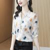 Silk Shirt Women's Short Sleeved Summer T-shirt Mid Sleeved V-neck Printed Western-style Small Shirt Mulberry Silk Top
