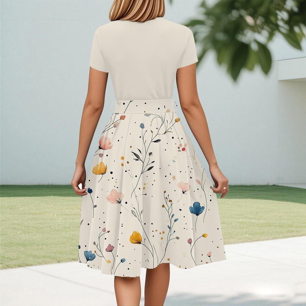 Женская мода Повседневный пояс С коротким рукавом Круглый вырез Геометрический принт Сплайсинг Элегантные платья с темпераментом