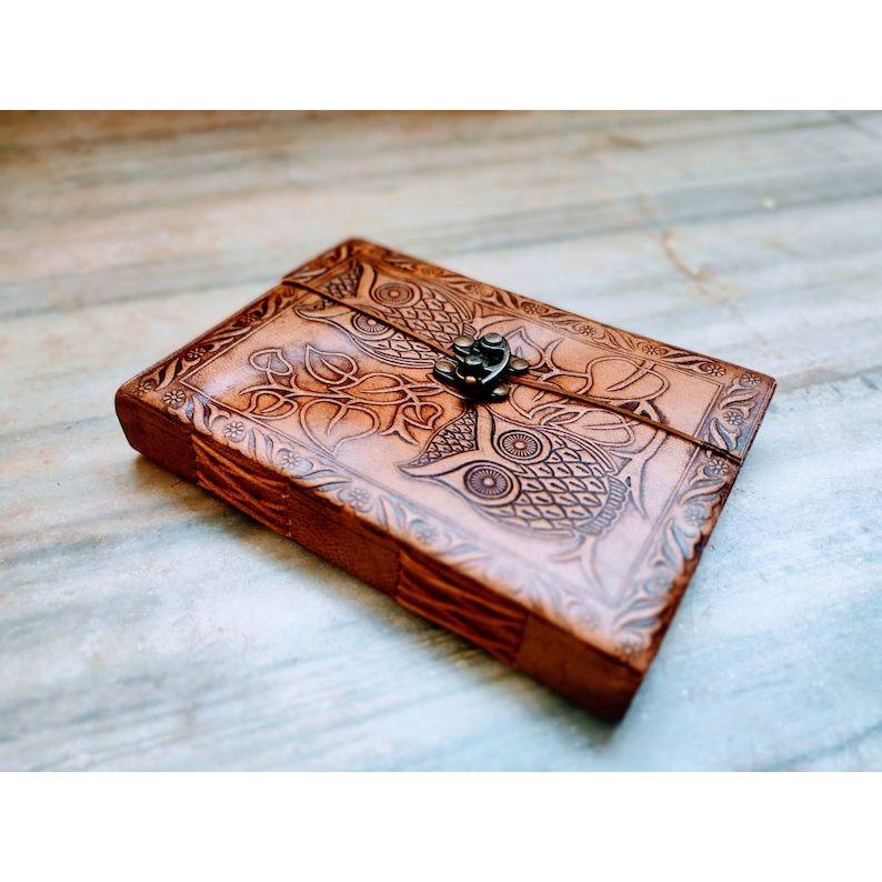 Журнал в кожаном переплете с тиснением совы и замком, кожаный блокнот ручной работы Журнал без подкладки Дневник путешествий Журнал среднего размера с замком Необычный дневник
