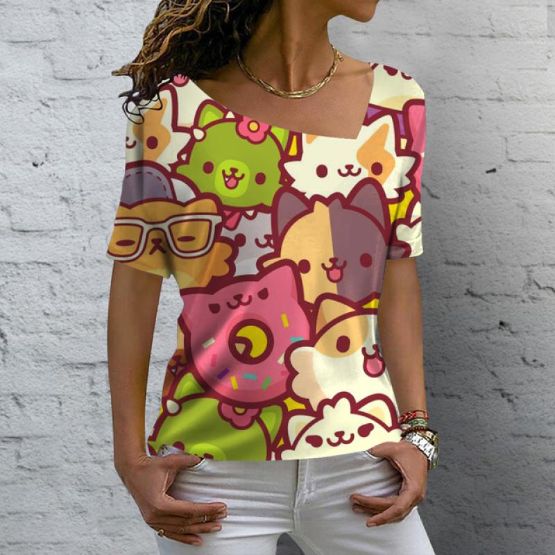 Женские футболки с v-образным вырезом, топы с короткими рукавами и принтом милых котов, летние модные повседневные футболки Kawaii, уличная женская одежда
