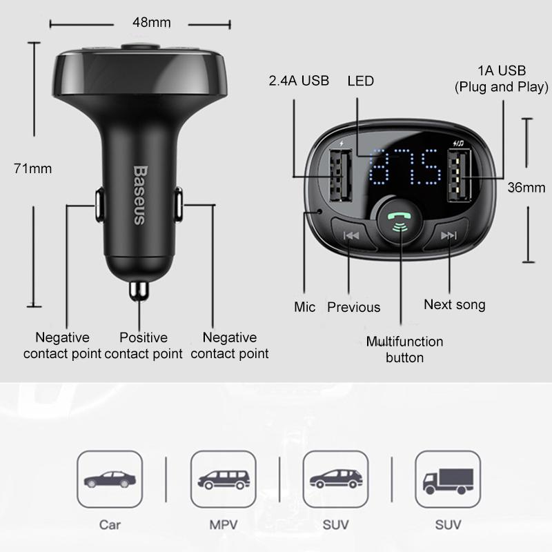 Baseus FM-передатчик Bluetooth Aux Аудио MP3-плеер FM-радио Двойной USB Быстрая зарядка Автомобильное зарядное устройство FM-модулятор Hands-free Автомобильный комплект
