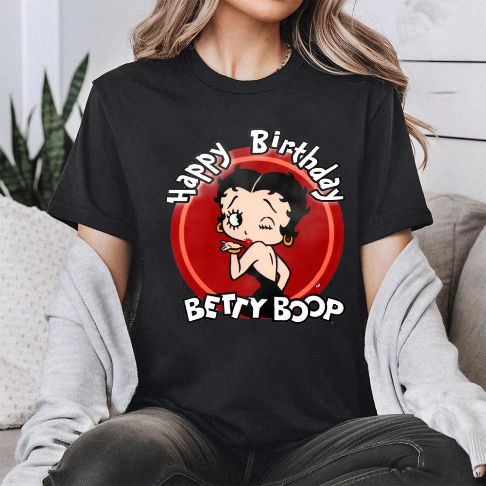 Winking Betty Boop in Red Circle Happy Birthday TShirt Retro Style Women Casual Cotton Short  women clothing y2k clothes