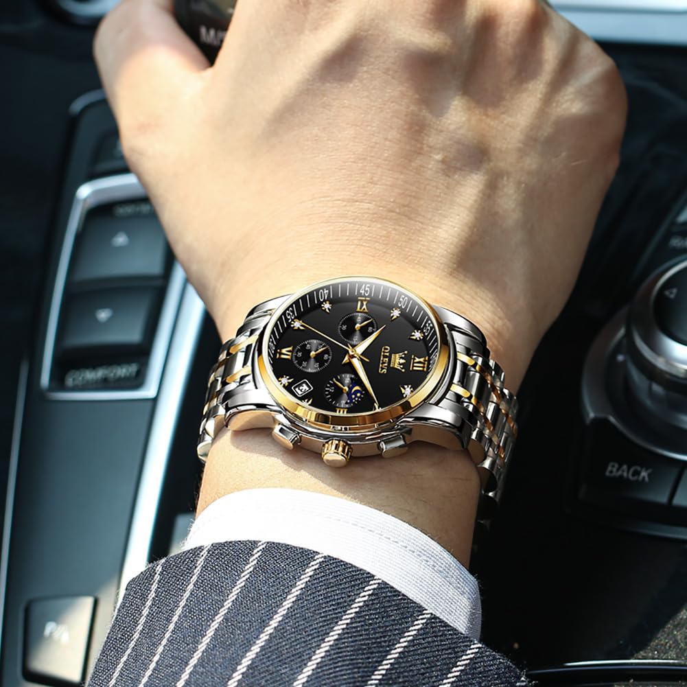 Часы OLEVS, кварцевые, водонепроницаемые, с подсветкой, дата, нержавеющая сталь, мужские, фазы Луны, простые, модные, мужские, черные