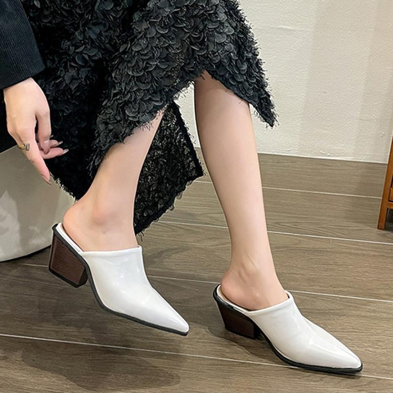 Fashion Comemore Spring Summer New Slippers Sexy Pointed Toe Slip On Baotou Mules Slipper Female Fashion Thick Heel Outdoor Dress Shoes