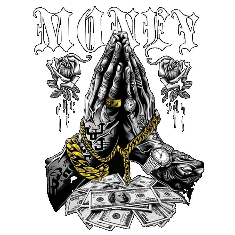 Black T-Shirt Money Praying Hands with Gold Chain and Dollar Bills Graphic for Streetwear Fashion