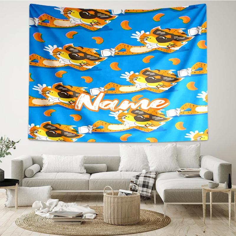 Custom Name Cheetos Print Tapestry, Backdrop, Easy Setup, Ideal for Bedroom, Office & Living Room, with Aesthetic Wall Hanging Decor.