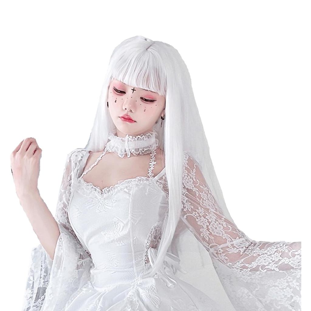 White Full With [Cicogna] Wig, Hair, White, Straight, Long, 70cm, Wig, Net, Silver-White, Bangs, Cosplay, Halloween, Costume, Women, Female,