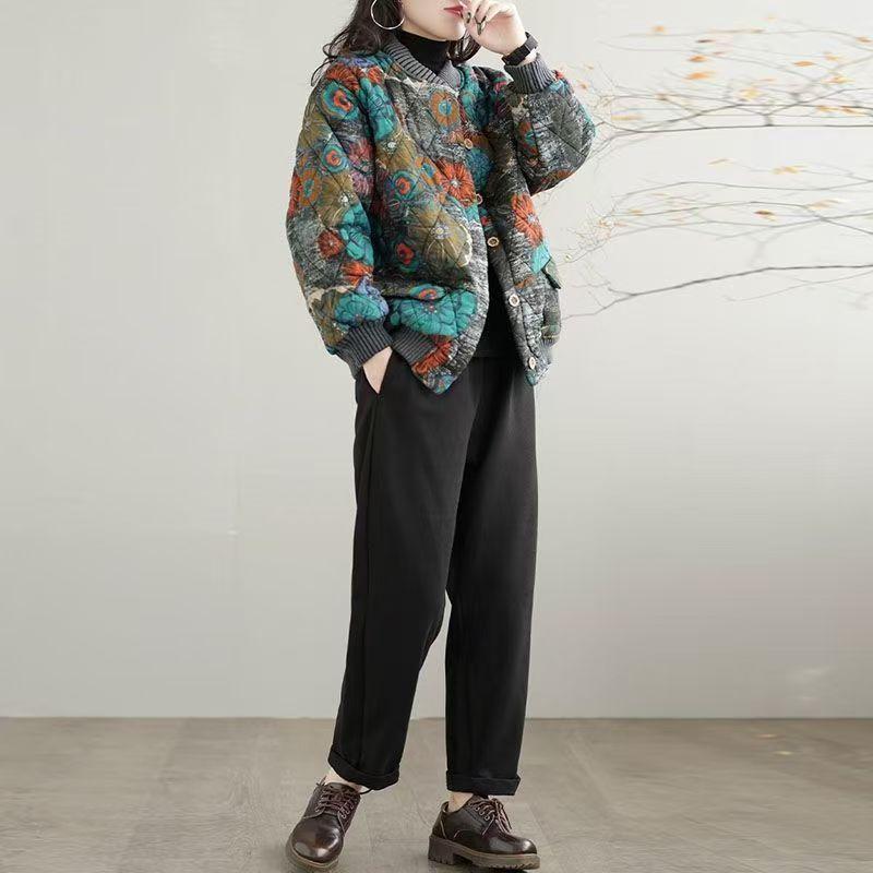 Women's Winter Loose Floral Padded Baseball Jacket Thickened Warm Cotton Coat Retro Printed