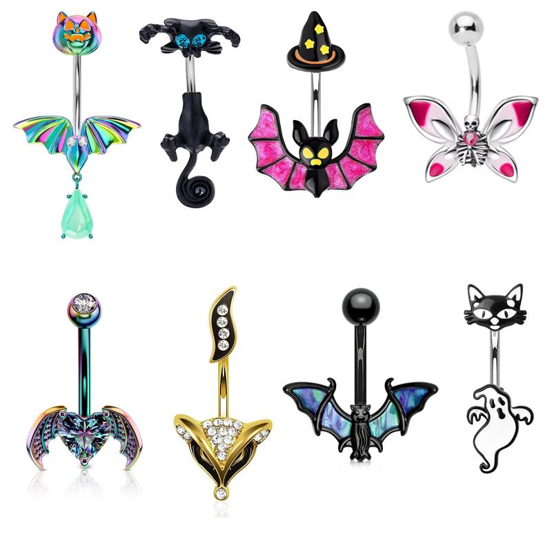 Punk Halloween Stainless Steel Belly Button Ring For Women Girl Personalized Bat Ghost Skeleton Navel Ring Body Piercing Jewelry