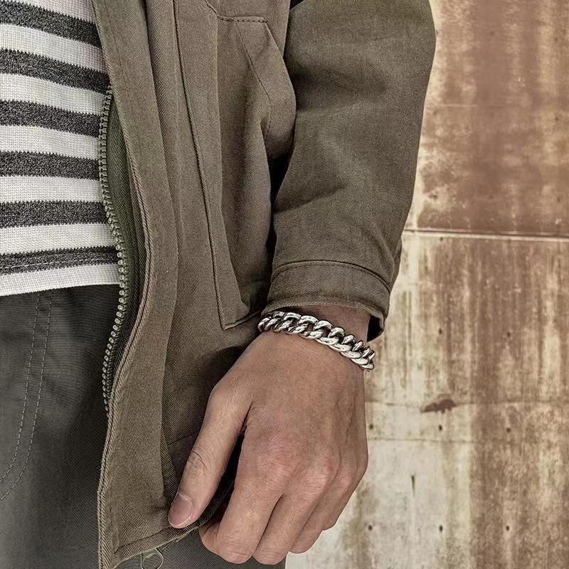 2026 Vintage Simple Good Art 13.5mm Heavy Men's Silver Bracelet Buckle Ring Tide