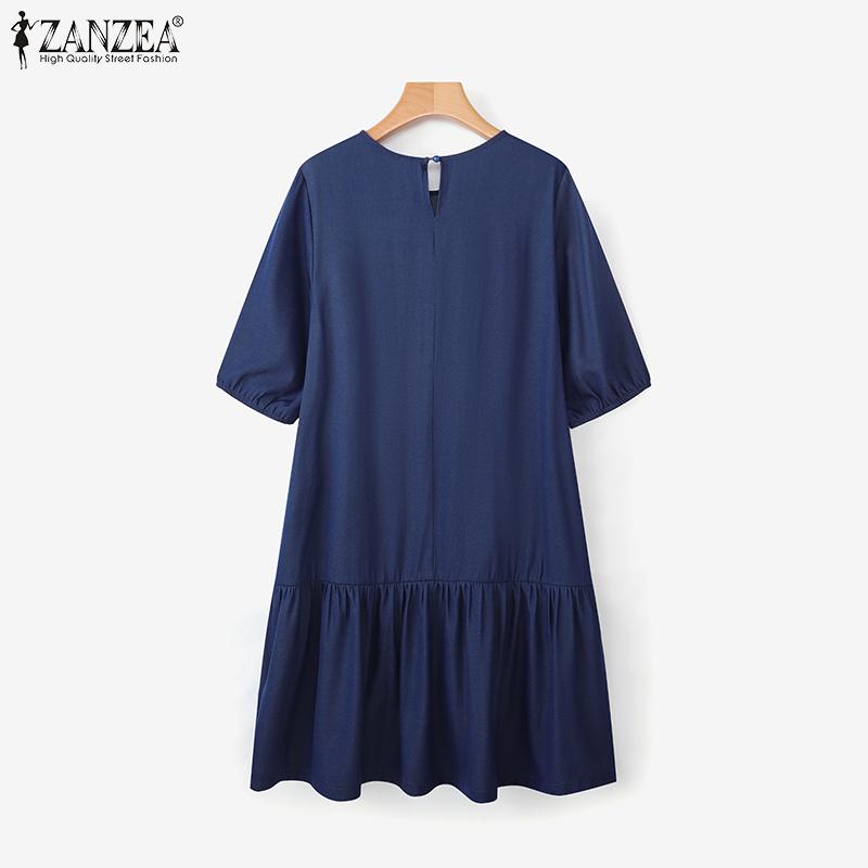ZANZEA Женское повседневное платье с круглым вырезом, рукавом до локтя и свободным кроем