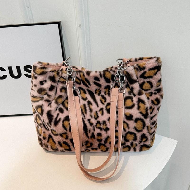 Теплая плюшевая сумка через плечо с леопардовым узором для путешествий, женская, большая вместительная сумка-тоут с цепочным декором, винтажная мягкая сумка из искусственного меха с ручкой сверху, MIT