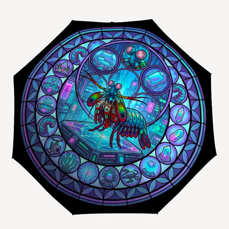 Cybernetic Mantis Glass pattern umbrella, portable and foldable design, 8 ribs, a casual accessory for Halloween, Christmas, and birthday gifts.