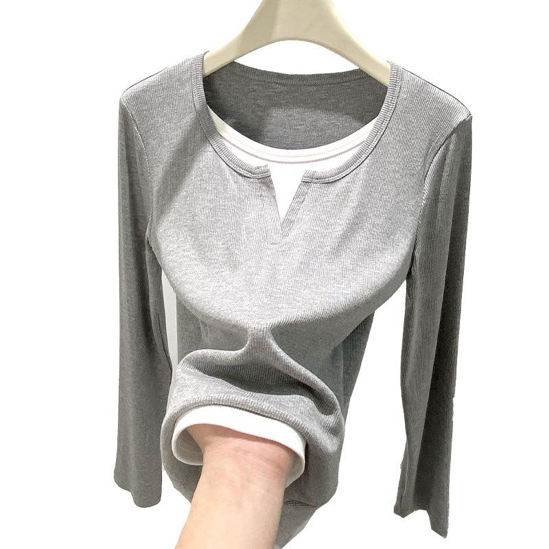 Fake Two-piece Design Long-sleeved T-shirt Women's Autumn Slim Slim Chic Beautiful Top Round Neck Undershirt