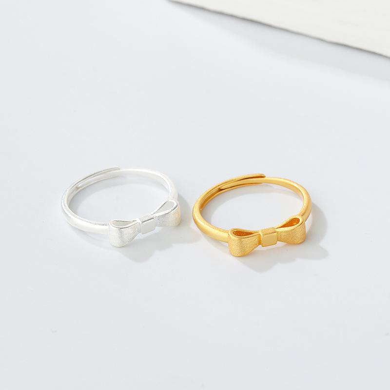 S925 Sterling Silver Gold Bow Ring for Women - Japanese & Korean Style, Sweet, Brushed Design, Elegant & Simple Jewelry