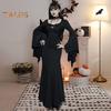 Women Halloween Dress Fish Tail Hem Slim Fit Irregular Ruffle Cuff Bat Sleeves Gothic Round Neck Solid Color Cosplay Performance Maxi Dress