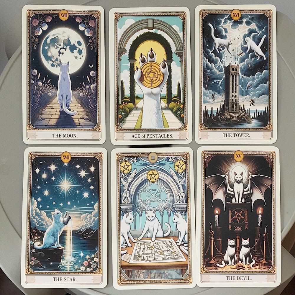 Cat Tarot Deck 78 Cards with Guidebook, Cute White Cat Theme Tarot Cards 11*6.2cm Fortune Telling Cards in Portable Tin Box
