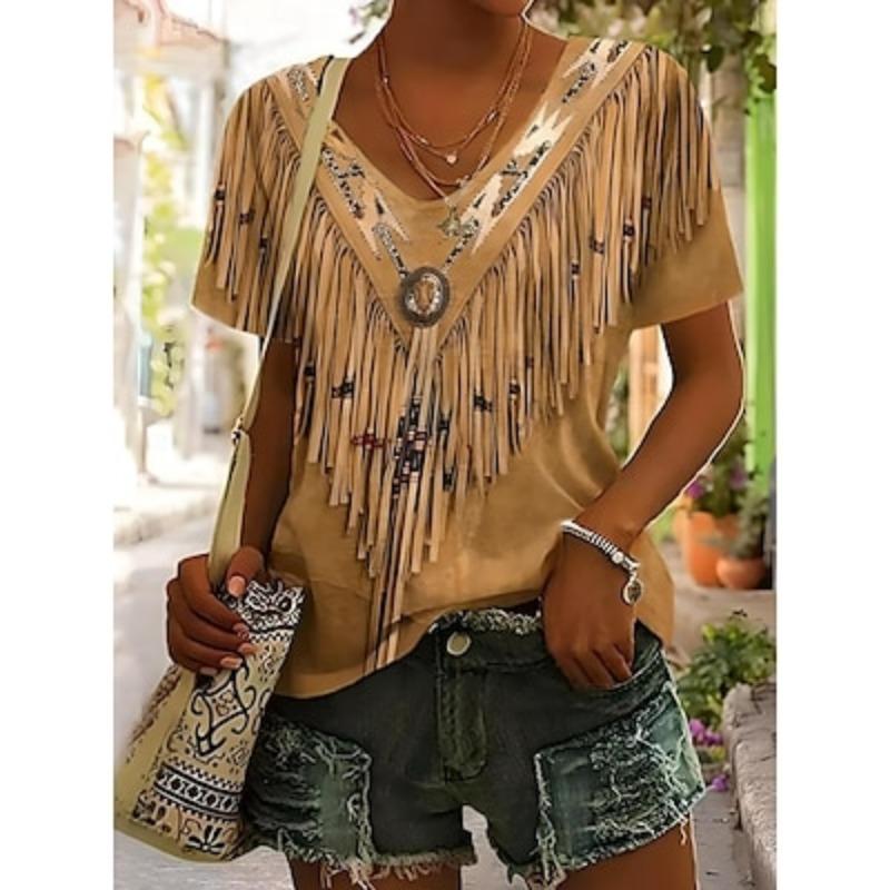 Женская футболка с графическим принтом Bohemia Vintage Western с коротким рукавом и V-образным вырезом, обычные топы, повседневная пляжная одежда, одежда для отпуска, принт, лето