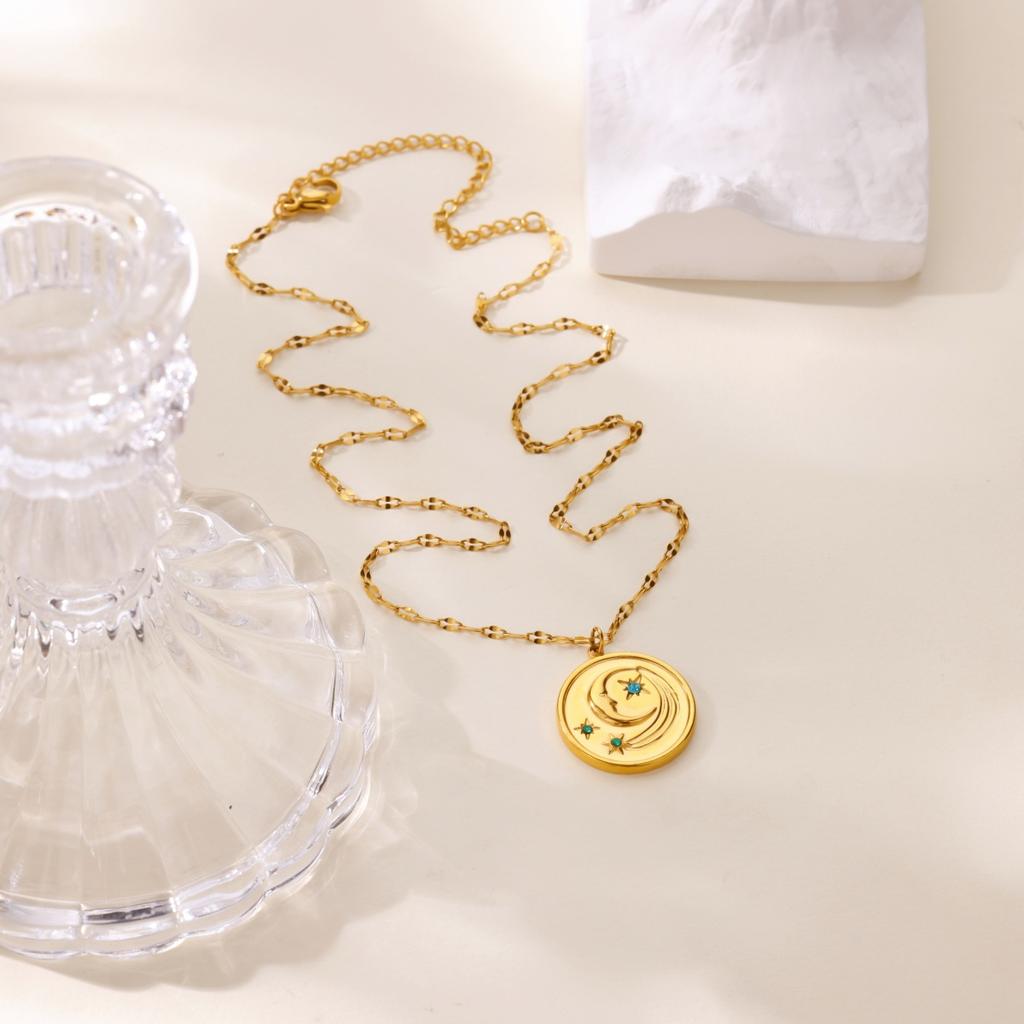 Ожерелье-подвеска с монетой в виде звезды и луны для женщин, милое модное, золотого цвета, из нержавеющей стали, круглое, со звездой и луной, сладкие ювелирные подарки