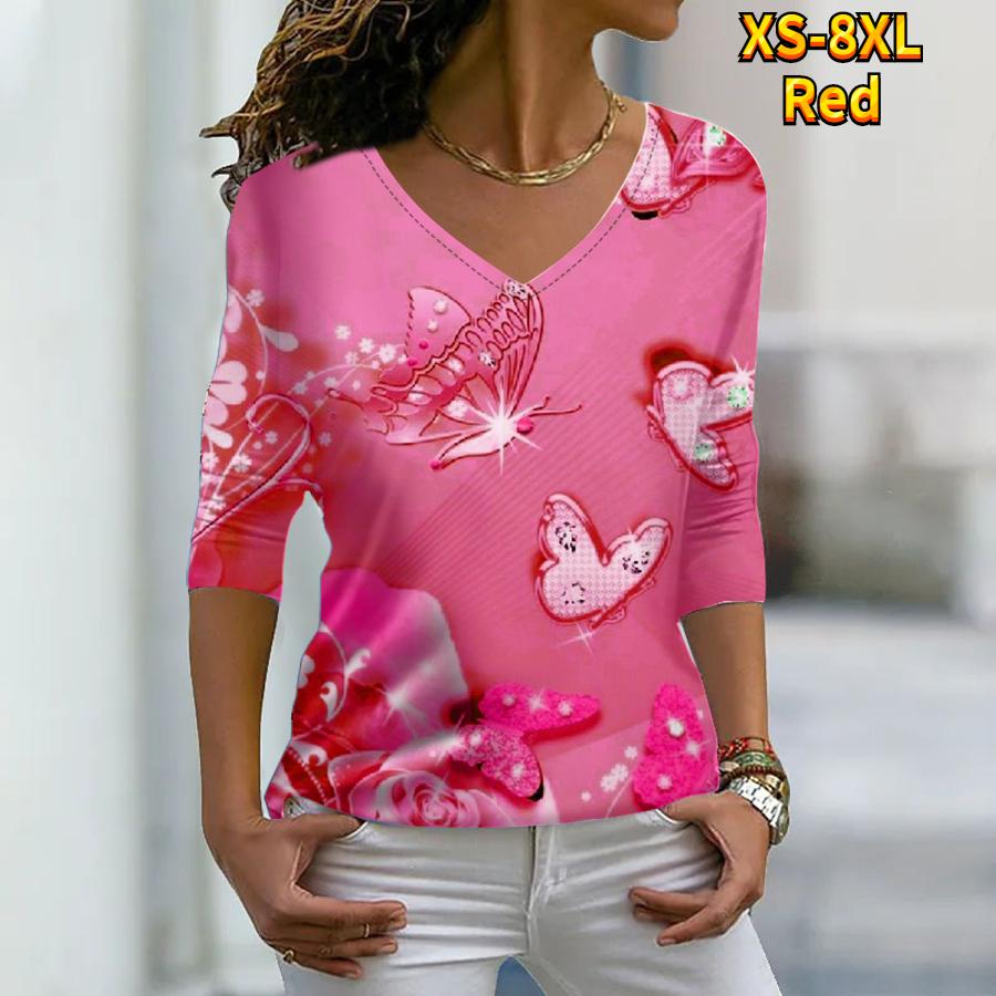 Women Autumn Floral Butterfly Flying Printed Long Sleeve T-Shirts Loose V-Neck Plus Size Tee Shirt Tops Comfy Blouse