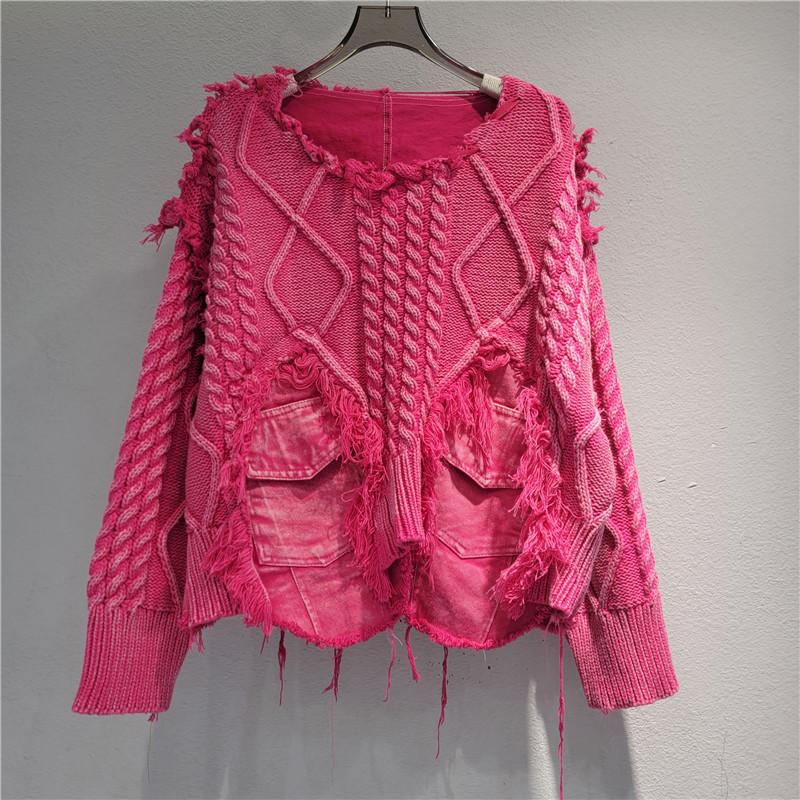 Женский пуловер неправильной формы с эффектом состаривания, пэчворк, карманы, винтажный выстиранный деним