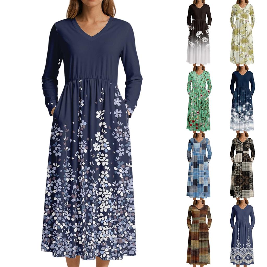 Платье для женщин длинное бохо пляжное платье элегантное макси-платье V-образный вырез длинный рукав платье с карманами