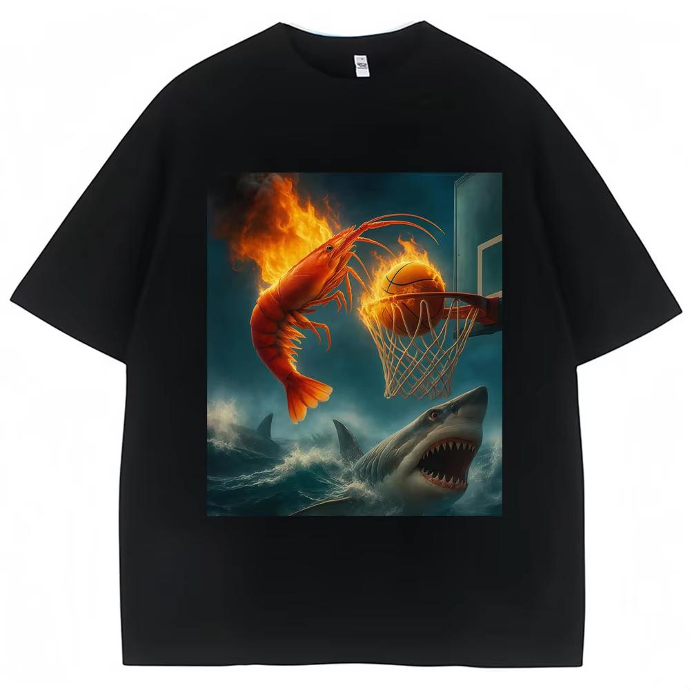 Fiery Shrimp Dunk Basketball Meme Funny T Shirt Sports Fans Unisex Unisex Humor Joke Tshirts Oversized Cotton Casual Short Sleeve