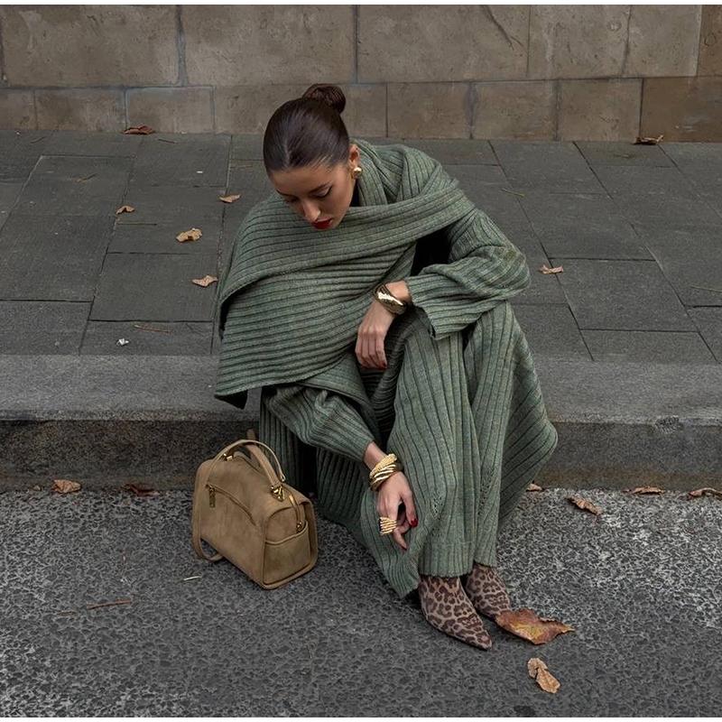 Свободные трикотажные женские комплекты с V-образным вырезом, длинным рукавом, шарфом, пуловером, длинными брюками, трикотажный женский костюм, осенне-зимние повседневные женские костюмы