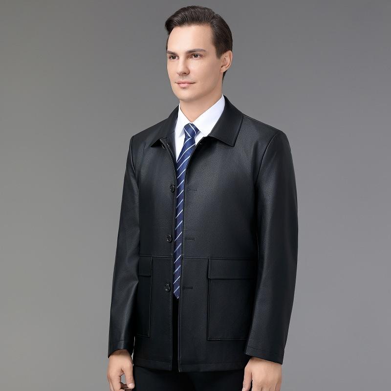 Новые осенние и зимние куртки из овчины для мужчин, повседневные однотонные кожаные куртки для людей среднего возраста, модные мужские куртки с воротником-стойкой