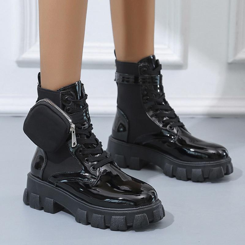 Модная женская обувь, осенние ботильоны с карманами, дизайн, женская толстая подошва, круглый носок, шнуровка, британская мода, зима, женская, большие размеры 2024