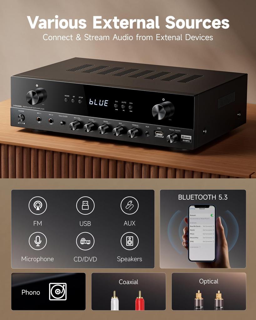 Donner Stereo Audio 600W Peak Bluetooth 2 Mic RCA for and Theater MAMP2 Amplifier, 2-Channel Receiver, 5.3, Phono, Optical, Coaxial, USB, FM, Inputs,