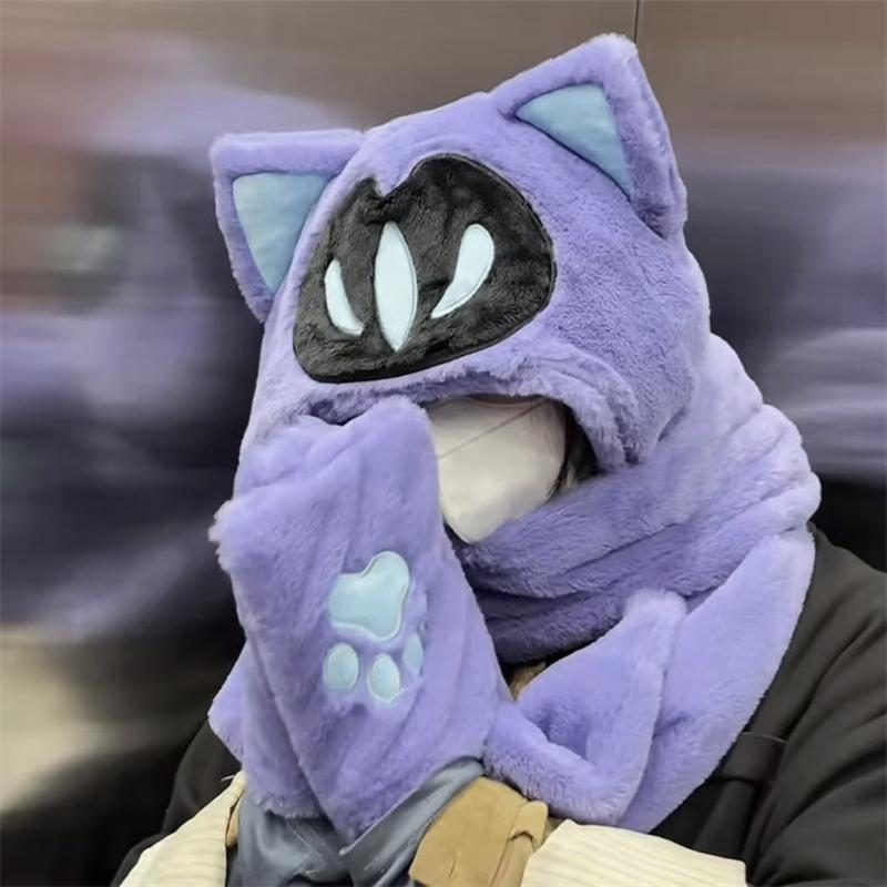 Game Valorant Omen Cat Ear Paw Cosplay Scarf Plush Hooded Winter Windproof Hat Costume Cute Cartoon Girl Comfortable Warm Set