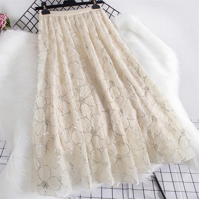 Qooth Женская сказочная блестящая сетчатая юбка-пачка с цветочным принтом, элегантная длинная тюлевая юбка трапециевидной формы с эластичной резинкой на талии QT2297