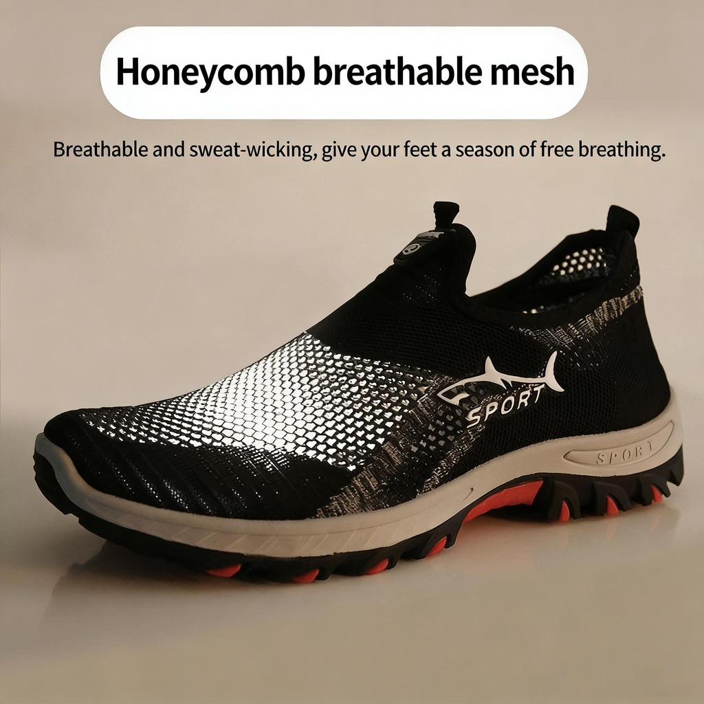 Men's Breathable Mesh Slip-On Sneakers, Lightweight Fly Knit Casual Walking Shoes with Shark Design, Soft Sole Non-Slip Athletic Shoes for Big Size