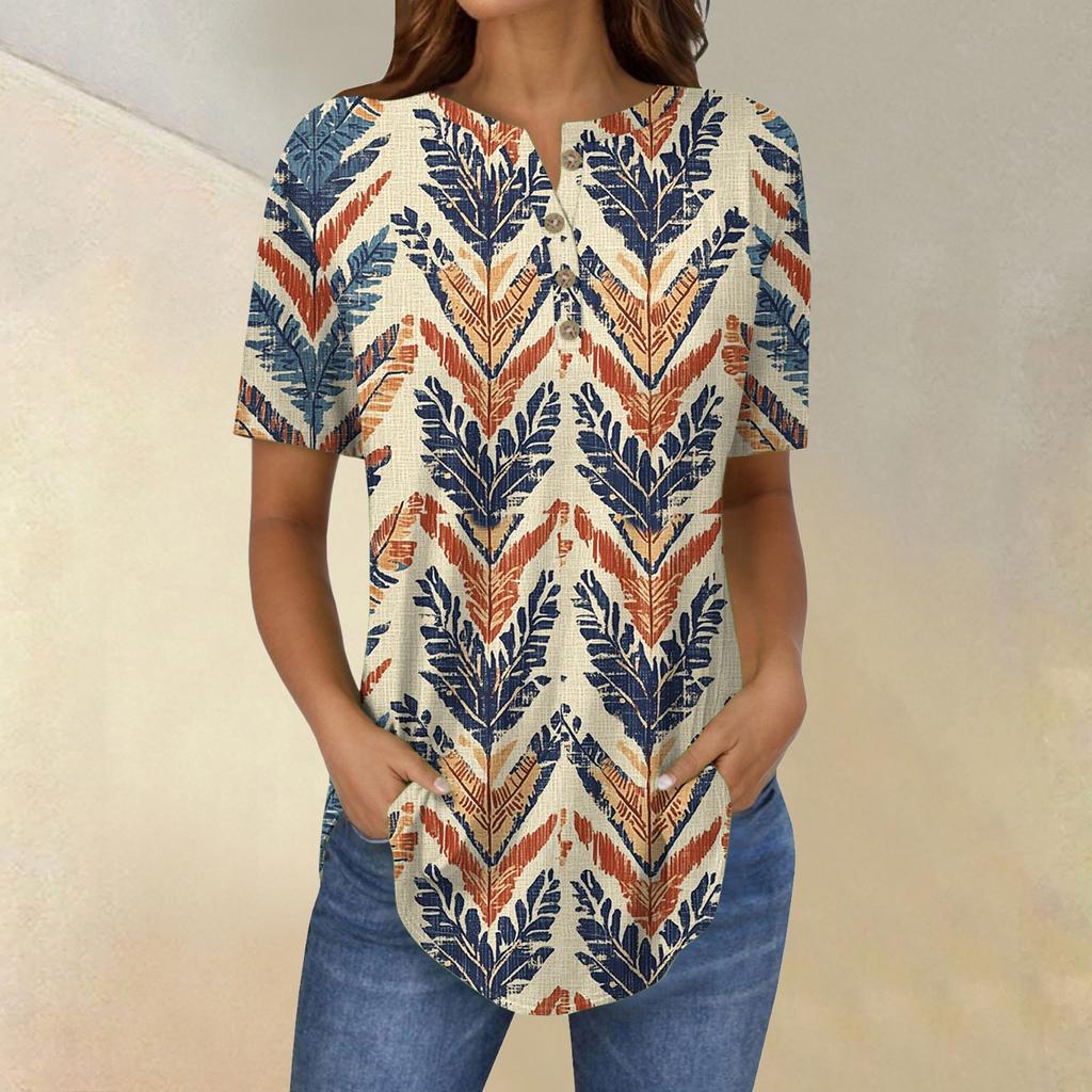 Short Sleeve Womens Tops Summer T-Shirts Floral Print V Neck Casual Basic Tee Button Shirts Tunic Tops